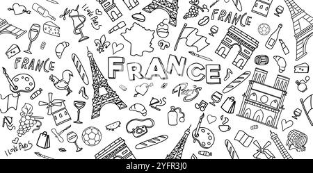 Horizontal France doodles, clip art, icône de collection d'éléments décoratifs de dessin animé. illustration vectorielle Illustration de Vecteur