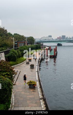 Une promenade paisible le long du sentier riverain bordé de verdure et de fleurs par une journée nuageuse dans un cadre urbain Banque D'Images