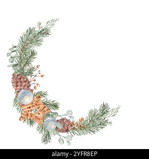 Couronne de Noël avec plantes d'hiver et jouet étoile en osier, boules en verre bleu. Illustration botanique dessinée à la main de branches de sapin, d'eucalyptus et de pin Banque D'Images