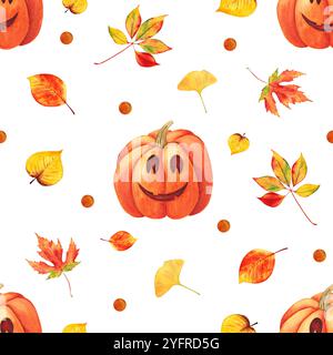 Motif halloween sans couture avec lanterne à la citrouille, feuilles d'automne sur fond blanc. Motif aquarelle pour tissu, papier peint, textiles festifs Banque D'Images