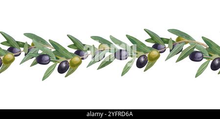 Bordure sans couture avec olives et feuillage vert. Illustration botanique dessinée à l'aquarelle à la main. Conception pour textile, décoration de cuisine, impression, tissu, menu Banque D'Images
