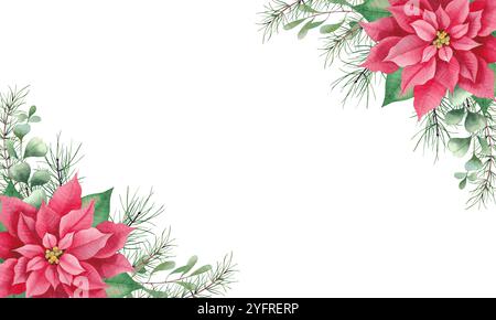 Cadre avec poinsettia fleurs rouges et feuilles vertes. Aquarelle dessinée à la main fleurs de vacances d'hiver pour la conception de vacances, décoration, invitations, bannières Banque D'Images