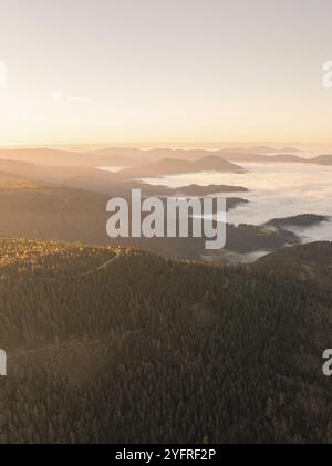 La brume matinale s'accroche aux collines boisées dans un cadre automnal tranquille, Forêt Noire, Allemagne, Europe Banque D'Images