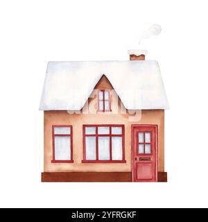Illustration de maison d'hiver à l'aquarelle. Chalet dessiné à la main avec fumée de cheminée, isolé sur un fond blanc. Banque D'Images