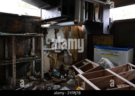 Skånes-Fagerhult, Skåne, Suède. 5 novembre 2024. Station-service abandonnée. Banque D'Images