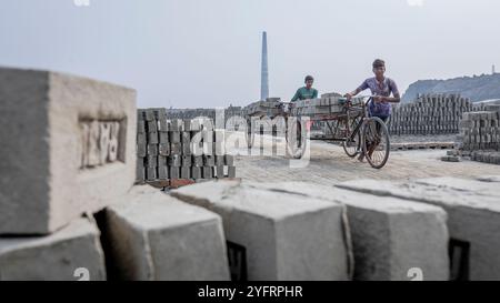 Après le séchage des briques d'argile brute, elles sont empilées à l'intérieur d'un four de briques à cheminée fixe le long de la rivière hazy Turag à Asulia au Bangladesh. La zone est remplie de fours de briques à cheminée fixe, qui viennent de transformer leur production en grande vitesse. Pendant la plus grande partie de l'année, les fours en briques sont inondés car ils sont situés sur les lits de la rivière. Lorsque l'eau recule pendant la saison sèche, les fours reviennent à la vie alors que des centaines d'ouvriers empilent des briques fraîchement pressées en silt dans d'énormes fours à bois et à charbon. En utilisant une technique simple qui remonte des centaines d'années, la cheminée fixe bric Banque D'Images