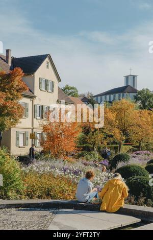 Maison avec beau jardin à l'automne. Fleurs dans le parc. Bietigheim-Bissingen. Allemagne, Europe. Parc et maison d'automne, personne, brousse et énergie Banque D'Images