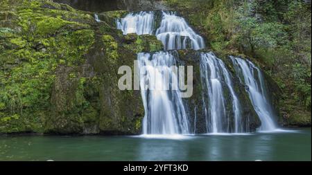 Cascade de la source du Lison dans un havre de paix avec sa cascade entourée de forêt. Bannière. Nans-sous-Sainte-Anne, Doubs, Bourgogne-FR Banque D'Images