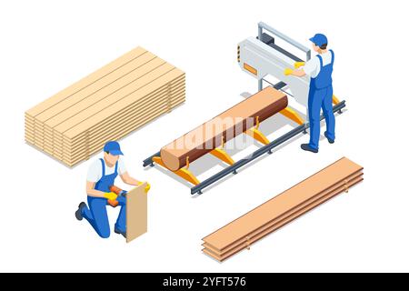 Scierie isométrique. Outils et procédés de fabrication de meubles. Man Joiner, établi de production de bois. Scierie de travail du bois production et transformation de Illustration de Vecteur
