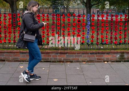 Marlow, Buckinghamshire, Royaume-Uni. 5 novembre 2024. Le Marlow Poppy Display Group of local Ladies, a été occupé à fabriquer des milliers de coquelicots tricotés et crochetés qui sont maintenant exposés sur les balustrades de l'église All Saints et les balustrades de Higginson Park près de la chaussée à Marlow, Buckinghamshire. Près de neuf mille livres ont été levées par le groupe depuis 2020 pour le Marlow British Legion Poppy Appeal. Crédit : Maureen McLean/Alamy Live News Banque D'Images