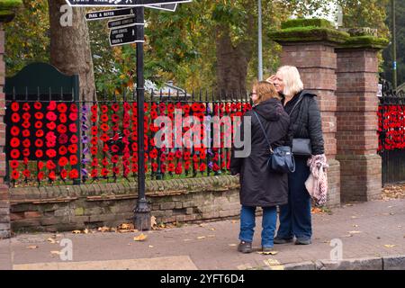 Marlow, Buckinghamshire, Royaume-Uni. 5 novembre 2024. Le Marlow Poppy Display Group of local Ladies, a été occupé à fabriquer des milliers de coquelicots tricotés et crochetés qui sont maintenant exposés sur les balustrades de l'église All Saints et les balustrades de Higginson Park près de la chaussée à Marlow, Buckinghamshire. Près de neuf mille livres ont été levées par le groupe depuis 2020 pour le Marlow British Legion Poppy Appeal. Crédit : Maureen McLean/Alamy Live News Banque D'Images