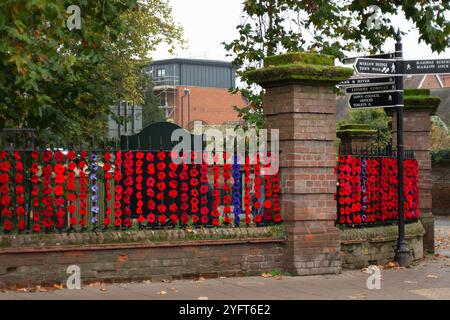 Marlow, Buckinghamshire, Royaume-Uni. 5 novembre 2024. Le Marlow Poppy Display Group of local Ladies, a été occupé à fabriquer des milliers de coquelicots tricotés et crochetés qui sont maintenant exposés sur les balustrades de l'église All Saints et les balustrades de Higginson Park près de la chaussée à Marlow, Buckinghamshire. Près de neuf mille livres ont été levées par le groupe depuis 2020 pour le Marlow British Legion Poppy Appeal. Crédit : Maureen McLean/Alamy Live News Banque D'Images