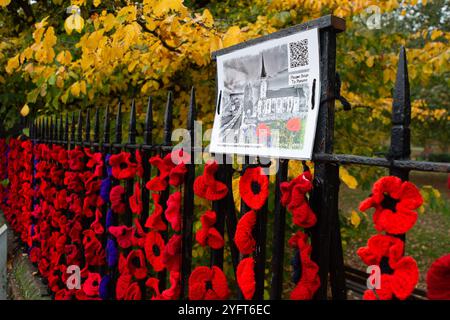 Marlow, Buckinghamshire, Royaume-Uni. 5 novembre 2024. Le Marlow Poppy Display Group of local Ladies, a été occupé à fabriquer des milliers de coquelicots tricotés et crochetés qui sont maintenant exposés sur les balustrades de l'église All Saints et les balustrades de Higginson Park près de la chaussée à Marlow, Buckinghamshire. Près de neuf mille livres ont été levées par le groupe depuis 2020 pour le Marlow British Legion Poppy Appeal. Crédit : Maureen McLean/Alamy Live News Banque D'Images