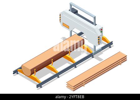 Scierie isométrique. Outils et procédés de fabrication de meubles. Scierie de travail du bois production et transformation de planches en bois dans une usine industrielle Illustration de Vecteur