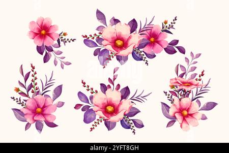 Ensemble de décoration romantique à motif floral aquarelle rose et violet Illustration de Vecteur