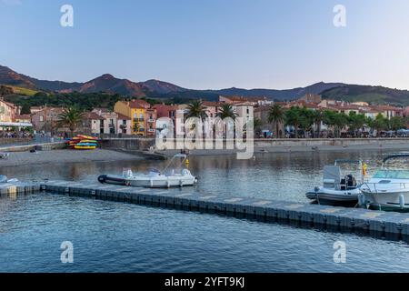 Vue de la plage de Port d'Avall en début de soirée, Collioure, Pyrénées Orientales, Roussillon, Occitanie, France, Europe Banque D'Images