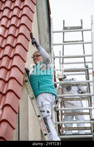 Malerin kratzt mit einer Drahtbürste die alte Farbe auf denHolzteilen, dem Dachüberstand an einem Haus ab. SIE steht auf einer Leiter, Vorarbeiten zum Malern des Dachüberstands, modèle libéré für redaktionelle Nutzung, Dachüberstand streichen *** le peintre utilise une brosse métallique pour gratter la vieille peinture sur les parties en bois, le surplomb du toit sur une maison elle se tient sur une échelle, travaux préparatoires pour peindre le surplomb du toit, modèle libéré pour usage éditorial, peindre le surplomb du toit 20241105-DSC 8779 Banque D'Images