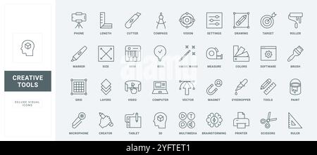 Conception graphique numérique, aimant pour contenu multimédia illustration vectorielle de symboles de contour noir mince. Brainstorming idée créative, auteurs outils de l'éditeur, logiciels paramètres des icônes de ligne ensemble. Illustration de Vecteur