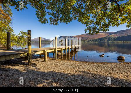 Jetée de High Brandelhow sur la rive de Derwent Water, Lake District, Cumbria, Angleterre Banque D'Images