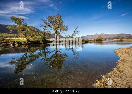 Les eaux claires de la rivière Derwent comme elle se jette dans l'eau Derwent avec la montagne Skiddaw en arrière-plan, Lake District, Cumbria, Angleterre Banque D'Images