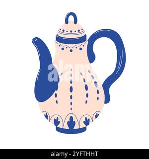 Théière vintage aux accents bleus et motif ornemental délicat. Idéal pour le design lié au thé, la décoration de cuisine et l'intérieur classique. Style plat. Illustration de Vecteur