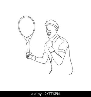 Jeune homme jouant au tennis. Une seule ligne Joueur de tennis avec raquette pendant le match. Gagnant, illustration vectorielle sportive. Illustration de Vecteur