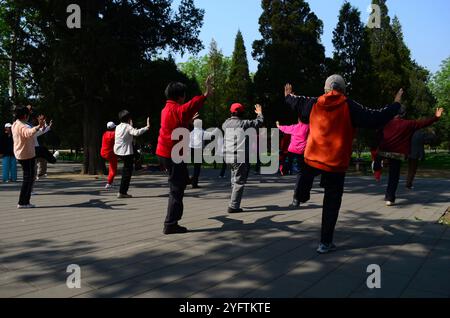 Des dizaines de personnes ayant des cours de danse de salle de bal dans le grand parc de Pékin qui encercle le Temple du ciel. Banque D'Images