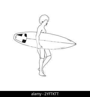 Surfeur avec une planche de surf. Illustration vectorielle dessinée à la main. Illustration de Vecteur