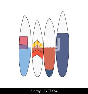 Planches de surf. Jeu d'illustrations couleur dessinées à la main. Illustration vectorielle Doodle. Illustration de Vecteur