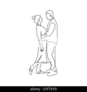 Couple romantique et serrant debout face à face. Une seule ligne L'homme et la femme amoureux veulent s'embrasser. Illustration vectorielle Illustration de Vecteur