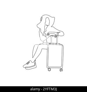 Voyagez fille avec une valise. Un dessin au trait continu. La femme attend de partir en voyage. Concept de voyage. Illustration vectorielle dessinée à la main. Illustration de Vecteur