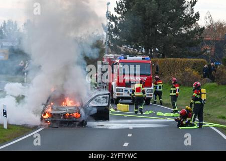 Leisnig - 38-jähriges Löschfahrzeug kaputt Feuerwehr kann Pkw-Brand zunächst nicht löschen, Kameraden verägert 02.11.2024 gegen 15,45 Uhr Leisnig OT Minkwitz, Minkwitzer Landstraße Zu einem gefährlichen Feuerwehreinsatz kam es am Samstagnachmittag unweit des mittelsächsischen Leisnig. Gegen 15,45 Uhr wurde die Feuerwehr Leisnig zu einem Pkw-Brand auf die Minkwitzer Landstraße im Ortsteil Minkwitz alarmiert. Dort brannte ein VW einer Frau voll aus, nachdem diese auf dem Weg von Leisnig nach Waldheim bereits unterwegs Kraftstoffgeruch wahrgenommen hatte. Ihren Angaben zufolge kam es auf dem Weg Banque D'Images