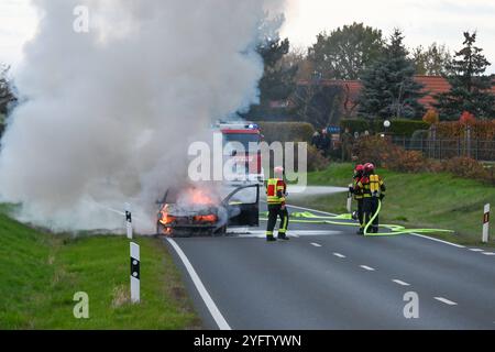 Leisnig - 38-jähriges Löschfahrzeug kaputt Feuerwehr kann Pkw-Brand zunächst nicht löschen, Kameraden verägert 02.11.2024 gegen 15,45 Uhr Leisnig OT Minkwitz, Minkwitzer Landstraße Zu einem gefährlichen Feuerwehreinsatz kam es am Samstagnachmittag unweit des mittelsächsischen Leisnig. Gegen 15,45 Uhr wurde die Feuerwehr Leisnig zu einem Pkw-Brand auf die Minkwitzer Landstraße im Ortsteil Minkwitz alarmiert. Dort brannte ein VW einer Frau voll aus, nachdem diese auf dem Weg von Leisnig nach Waldheim bereits unterwegs Kraftstoffgeruch wahrgenommen hatte. Ihren Angaben zufolge kam es auf dem Weg Banque D'Images