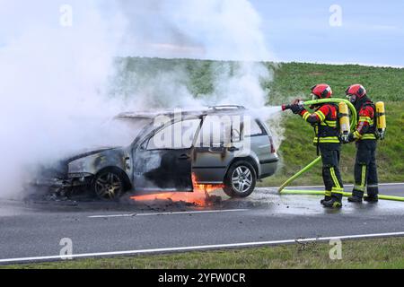 Leisnig - 38-jähriges Löschfahrzeug kaputt Feuerwehr kann Pkw-Brand zunächst nicht löschen, Kameraden verägert 02.11.2024 gegen 15,45 Uhr Leisnig OT Minkwitz, Minkwitzer Landstraße Zu einem gefährlichen Feuerwehreinsatz kam es am Samstagnachmittag unweit des mittelsächsischen Leisnig. Gegen 15,45 Uhr wurde die Feuerwehr Leisnig zu einem Pkw-Brand auf die Minkwitzer Landstraße im Ortsteil Minkwitz alarmiert. Dort brannte ein VW einer Frau voll aus, nachdem diese auf dem Weg von Leisnig nach Waldheim bereits unterwegs Kraftstoffgeruch wahrgenommen hatte. Ihren Angaben zufolge kam es auf dem Weg Banque D'Images