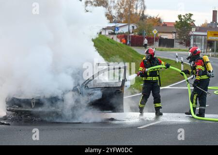 Leisnig - 38-jähriges Löschfahrzeug kaputt Feuerwehr kann Pkw-Brand zunächst nicht löschen, Kameraden verägert 02.11.2024 gegen 15,45 Uhr Leisnig OT Minkwitz, Minkwitzer Landstraße Zu einem gefährlichen Feuerwehreinsatz kam es am Samstagnachmittag unweit des mittelsächsischen Leisnig. Gegen 15,45 Uhr wurde die Feuerwehr Leisnig zu einem Pkw-Brand auf die Minkwitzer Landstraße im Ortsteil Minkwitz alarmiert. Dort brannte ein VW einer Frau voll aus, nachdem diese auf dem Weg von Leisnig nach Waldheim bereits unterwegs Kraftstoffgeruch wahrgenommen hatte. Ihren Angaben zufolge kam es auf dem Weg Banque D'Images