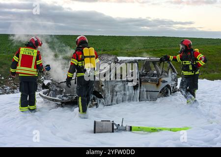 Leisnig - 38-jähriges Löschfahrzeug kaputt Feuerwehr kann Pkw-Brand zunächst nicht löschen, Kameraden verägert 02.11.2024 gegen 15,45 Uhr Leisnig OT Minkwitz, Minkwitzer Landstraße Zu einem gefährlichen Feuerwehreinsatz kam es am Samstagnachmittag unweit des mittelsächsischen Leisnig. Gegen 15,45 Uhr wurde die Feuerwehr Leisnig zu einem Pkw-Brand auf die Minkwitzer Landstraße im Ortsteil Minkwitz alarmiert. Dort brannte ein VW einer Frau voll aus, nachdem diese auf dem Weg von Leisnig nach Waldheim bereits unterwegs Kraftstoffgeruch wahrgenommen hatte. Ihren Angaben zufolge kam es auf dem Weg Banque D'Images