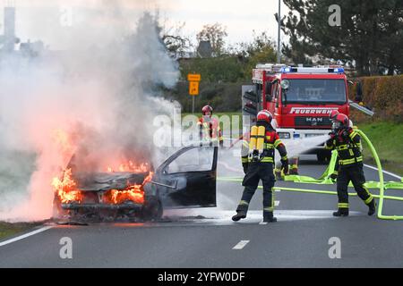 Leisnig - 38-jähriges Löschfahrzeug kaputt Feuerwehr kann Pkw-Brand zunächst nicht löschen, Kameraden verägert 02.11.2024 gegen 15,45 Uhr Leisnig OT Minkwitz, Minkwitzer Landstraße Zu einem gefährlichen Feuerwehreinsatz kam es am Samstagnachmittag unweit des mittelsächsischen Leisnig. Gegen 15,45 Uhr wurde die Feuerwehr Leisnig zu einem Pkw-Brand auf die Minkwitzer Landstraße im Ortsteil Minkwitz alarmiert. Dort brannte ein VW einer Frau voll aus, nachdem diese auf dem Weg von Leisnig nach Waldheim bereits unterwegs Kraftstoffgeruch wahrgenommen hatte. Ihren Angaben zufolge kam es auf dem Weg Banque D'Images