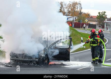 Leisnig - 38-jähriges Löschfahrzeug kaputt Feuerwehr kann Pkw-Brand zunächst nicht löschen, Kameraden verägert 02.11.2024 gegen 15,45 Uhr Leisnig OT Minkwitz, Minkwitzer Landstraße Zu einem gefährlichen Feuerwehreinsatz kam es am Samstagnachmittag unweit des mittelsächsischen Leisnig. Gegen 15,45 Uhr wurde die Feuerwehr Leisnig zu einem Pkw-Brand auf die Minkwitzer Landstraße im Ortsteil Minkwitz alarmiert. Dort brannte ein VW einer Frau voll aus, nachdem diese auf dem Weg von Leisnig nach Waldheim bereits unterwegs Kraftstoffgeruch wahrgenommen hatte. Ihren Angaben zufolge kam es auf dem Weg Banque D'Images