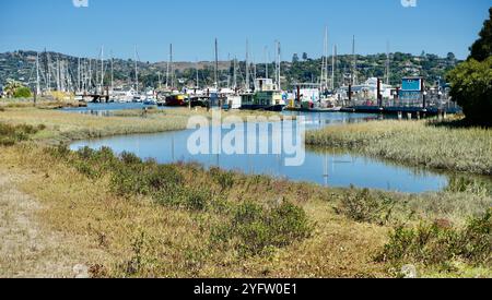 Péniches amarrées dans le port sous un ciel bleu. Banque D'Images