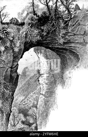 Le pont naturel en Virginie, les vestiges d'un toit ou d'un tunnel. Tiré d'un carnet de voyage du XIXe siècle des États-Unis d'Amérique, publié en 1891, il s'agit d'une photographie de l'une des nombreuses gravures (beaucoup d'entre elles par Edward Whymper) utilisées pour illustrer des aspects de l'histoire sociale, de l'architecture, de la topographie et de la géographie des États-Unis. Banque D'Images