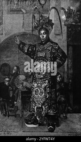 Un acteur chinois en tenue orientale, dans le théâtre San Fransisco, signé A. Davidson. Tiré d'un carnet de voyage du XIXe siècle des États-Unis d'Amérique, publié en 1891, il s'agit d'une photographie de l'une des nombreuses gravures (beaucoup d'entre elles par Edward Whymper) utilisées pour illustrer des aspects de l'histoire sociale, de l'architecture, de la topographie et de la géographie des États-Unis. Banque D'Images