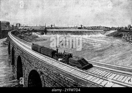 Une locomotive passant les chutes de St Anthony à St Paul, sur le fleuve Mississippi à Minneapolis, Minnesota. Tiré d'un carnet de voyage du XIXe siècle des États-Unis d'Amérique, publié en 1891, il s'agit d'une photographie de l'une des nombreuses gravures (beaucoup d'entre elles par Edward Whymper) utilisées pour illustrer des aspects de l'histoire sociale, de l'architecture, de la topographie et de la géographie des États-Unis. Banque D'Images