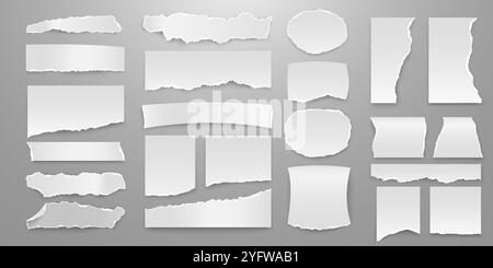 Collection de grand ensemble de feuilles de papier blanc déchiré avec des ombres réalistes et des rayures blanches aux emplacements de déchirure. Illustration vectorielle 3D. Illustration de Vecteur