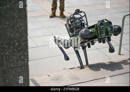 Aurora, États-Unis. 22 juillet 2024. Un chien robotisé militaire conçu comme un véhicule terrestre sans pilote quadrupédalier chimique, biologique, radiologique et nucléaire, ou CHAPPIE pour faire court, descend les escaliers de la base spatiale Buckley, le 22 juillet 2024 à Aurora, Colorado. Crédit : TSGT. Jordan Thompson/US Space Force/Alamy Live News Banque D'Images