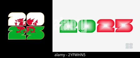 Année 2025 avec drapeau du pays de Galles et en palais de couleur du drapeau du pays de Galles. Bonne année 2025 dans deux styles différents. Nouvelle année design pour calendrier, affiches, GRE Illustration de Vecteur