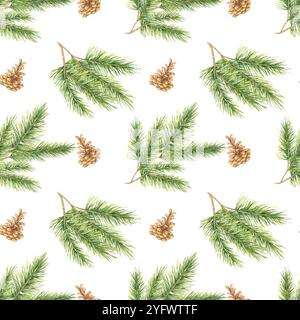 Branches d'épinette et pommes de pin avec des aiguilles vertes disposées dans un motif aquarelle sans couture. Clipart sapin idéal pour les textiles festifs, l'emballage cadeau, la décoration intérieure et l'emballage de produits sur le thème des fêtes Banque D'Images