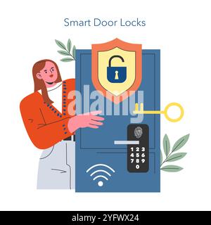 Concept Smart Home Security. Accès simplifié à la maison grâce à la technologie avancée de verrouillage des portes. Personne accédant à la serrure numérique pour une entrée sécurisée. Illustration vectorielle. Illustration de Vecteur