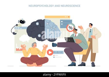 Concept neuropsychologique. Les scientifiques explorent la cognition humaine en interaction avec un grand cerveau, des graphiques et des processus cognitifs. Recherche, étude de santé mentale. Illustration vectorielle. Illustration de Vecteur