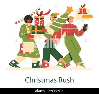 Concept de ruée de Noël. Frénésie festive de shopping illustrée par divers personnages portant des cadeaux. Festivités saisonnières et courses de yuletide. Illustration vectorielle. Illustration de Vecteur