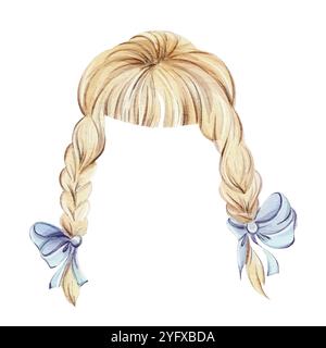 Il s'agit d'une coiffure tressée blonde adorable et mignonne ornée de jolis rubans pour les filles Illustration de Vecteur